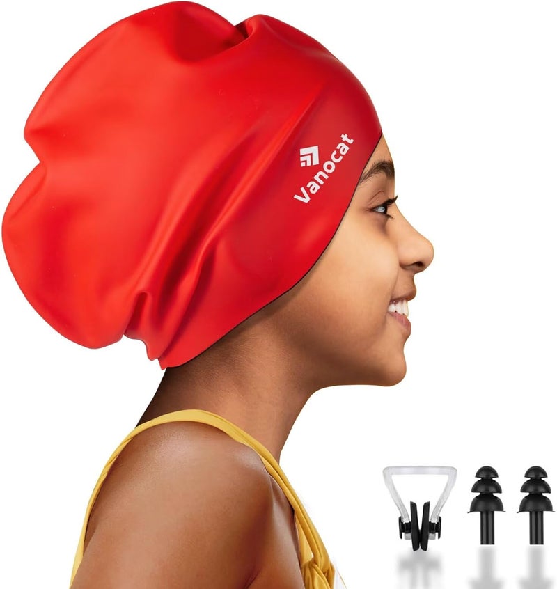 Vanocat Kids Extra Large Swim Cap for Long Hair, Waterproof Silicone Swimming Caps for Boys Girls Children Youth Teen, Large Swim Hat for Long Thick Curly Hair & Dreadlocks Braids Weaves Afro Hair - Image 1